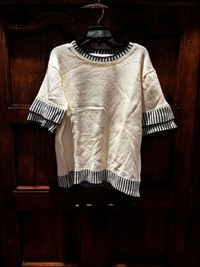 Womens Cream Scoop Neck Sweater with Black-White Stripe Trim work casual classic